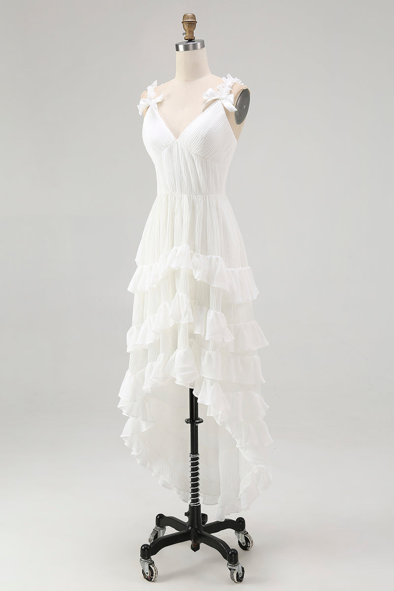 Load image into Gallery viewer, Boho Ivory A Line Ruffled V-Neck High-Low Rehearsal Dinner Dress