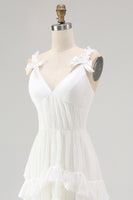 Load image into Gallery viewer, Boho Ivory A Line Ruffled V-Neck High-Low Rehearsal Dinner Dress