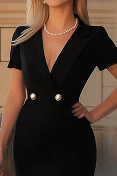 Black Satin Bodycon V Neck Short Sleeves Cocktail Dress