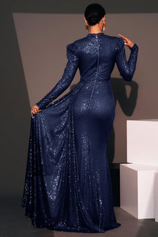 Sparkly Navy Mermaid Long Sequin Prom Dress with Side Cape