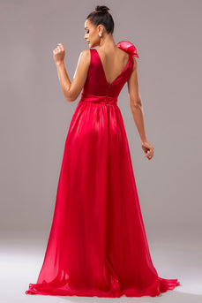 Red A Line V-Neck Long Organza Prom Dress with Slit
