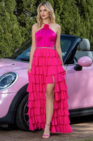Load image into Gallery viewer, Sparkly Fuchsia Tiered Ruffled Satin Long Prom Dress with Flower