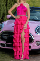 Load image into Gallery viewer, Sparkly Fuchsia Tiered Ruffled Satin Long Prom Dress with Flower