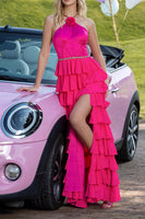Load image into Gallery viewer, Sparkly Fuchsia Tiered Ruffled Satin Long Prom Dress with Flower
