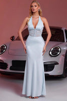 Load image into Gallery viewer, Light Blue Halter Backless Satin Mermaid Long Prom Dress with Lace