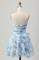Load image into Gallery viewer, Floral White and Blue Strapless Ruffled Short Homecoming Dress with Bow