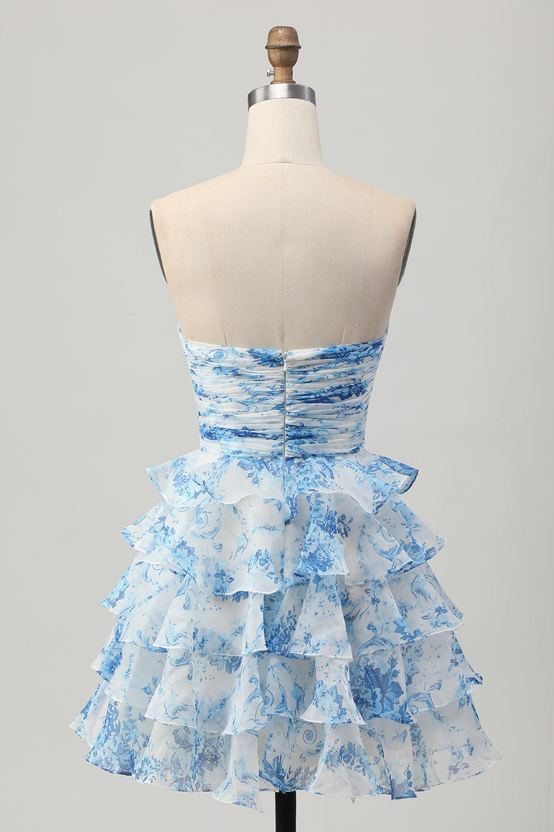 Load image into Gallery viewer, Floral White and Blue Strapless Ruffled Short Homecoming Dress with Bow