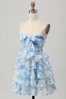 Load image into Gallery viewer, Floral White and Blue Strapless Ruffled Short Homecoming Dress with Bow
