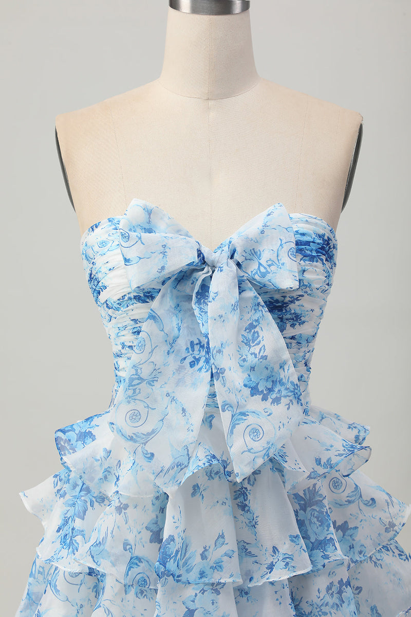 Load image into Gallery viewer, Floral White and Blue Strapless Ruffled Short Homecoming Dress with Bow