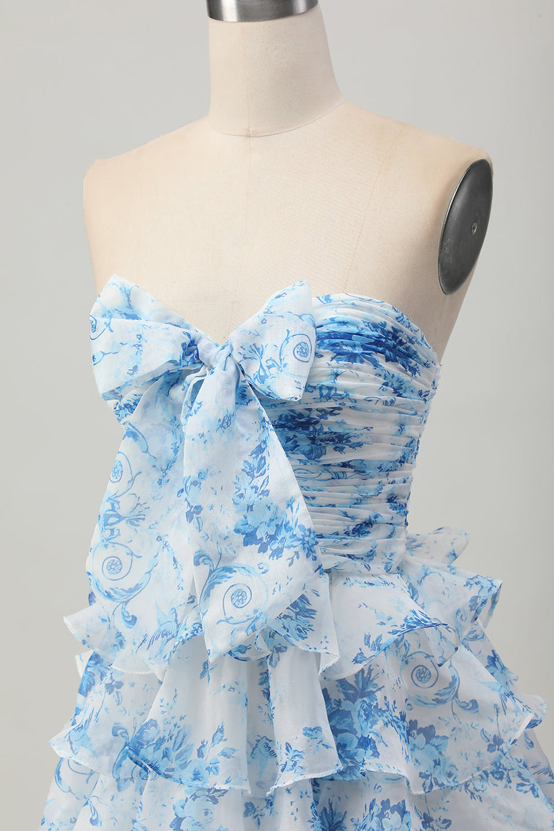 Load image into Gallery viewer, Floral White and Blue Strapless Ruffled Short Homecoming Dress with Bow