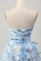 Load image into Gallery viewer, Floral White and Blue Strapless Ruffled Short Homecoming Dress with Bow