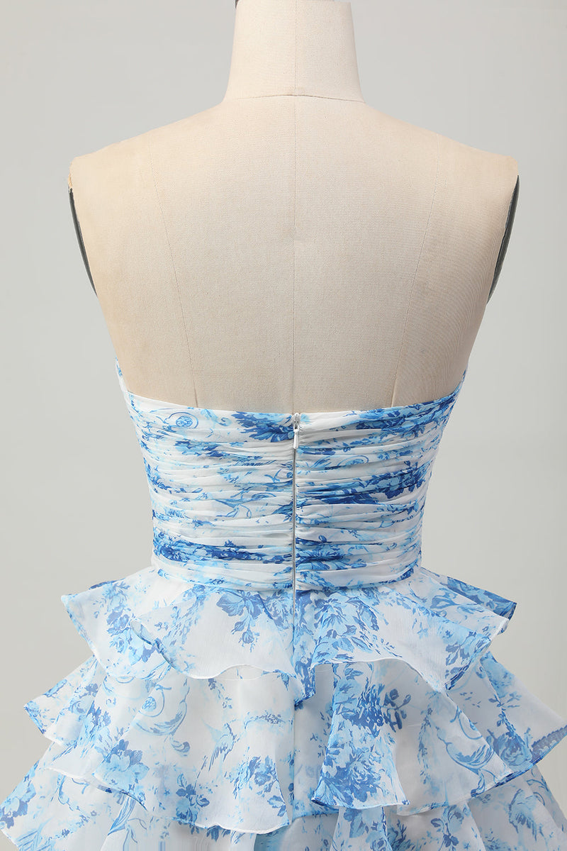 Load image into Gallery viewer, Floral White and Blue Strapless Ruffled Short Homecoming Dress with Bow