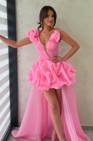 Load image into Gallery viewer, Hot Pink A Line One Shoulder High Low Homecoming Dress with Ruffles