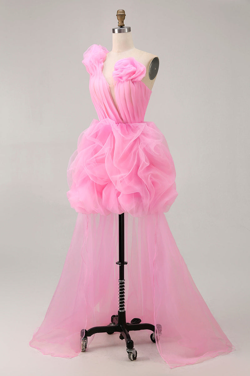 Load image into Gallery viewer, Floral Hot Pink Tulle One Shoulder Ruffled High-Low Homecoming Dress