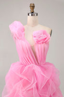 Load image into Gallery viewer, Floral Hot Pink Tulle One Shoulder Ruffled High-Low Homecoming Dress