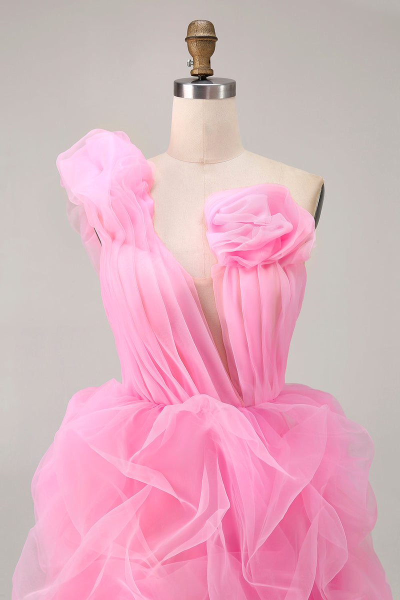 Load image into Gallery viewer, Floral Hot Pink Tulle One Shoulder Ruffled High-Low Homecoming Dress