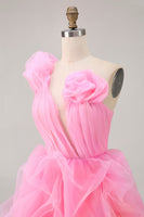 Load image into Gallery viewer, Floral Hot Pink Tulle One Shoulder Ruffled High-Low Homecoming Dress