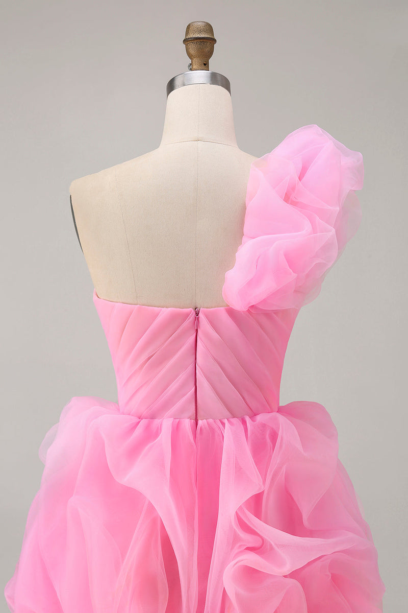 Load image into Gallery viewer, Floral Hot Pink Tulle One Shoulder Ruffled High-Low Homecoming Dress