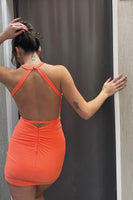 Load image into Gallery viewer, Orange Tight Halter Ruched Short Homecoming Dress