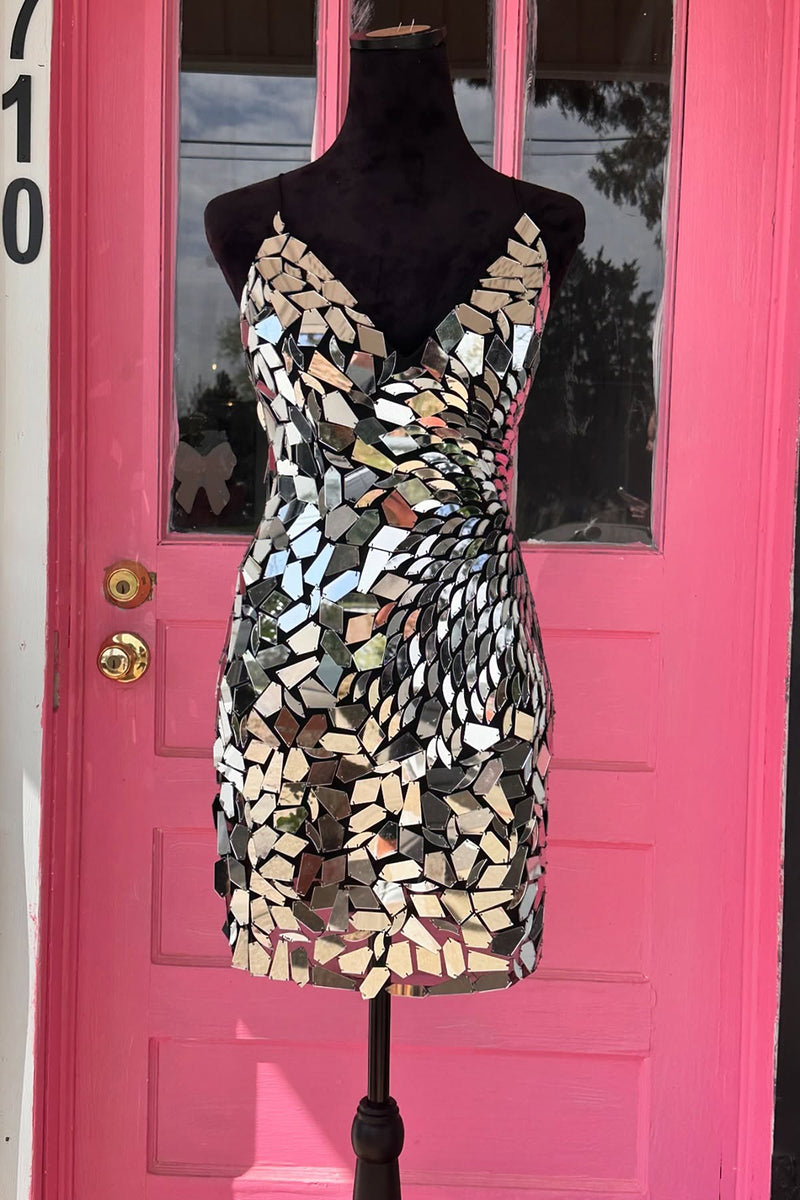 Load image into Gallery viewer, Sparkly Silver Mirror Tight V-Neck Short Homecoming Dress