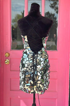 Sparkly Silver Mirror Tight V-Neck Short Homecoming Dress