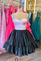 Load image into Gallery viewer, Black and Pink Satin A Line Short Corset Homecoming Dress with Beading