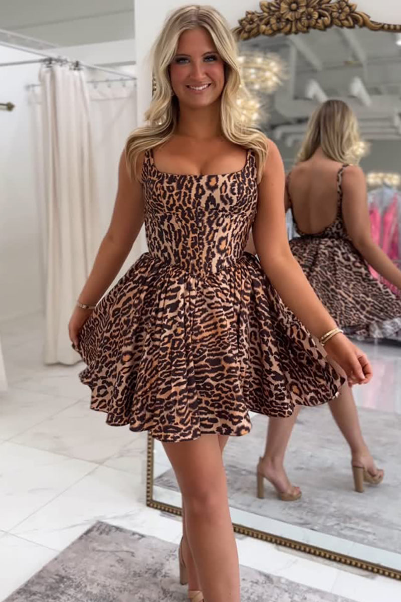 Load image into Gallery viewer, Brown Leopard A Line Square Neck Short Corset Homecoming Dress