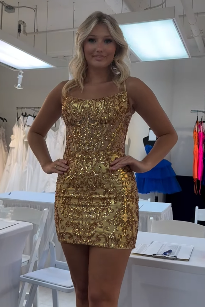 Load image into Gallery viewer, Sparkly Gold Tight Short Corset Homecoming Dress
