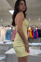 Load image into Gallery viewer, Yellow Tight Strapless Short Homecoming Dress with Appliques