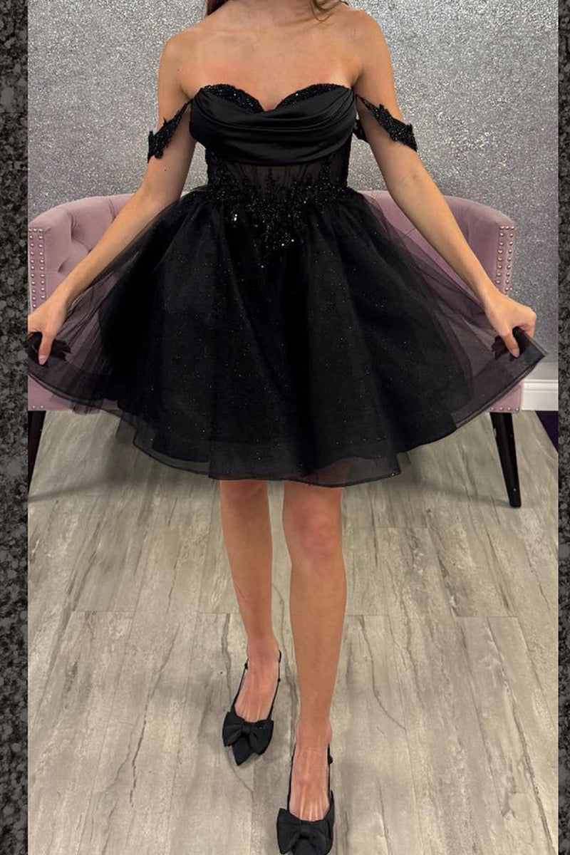 Load image into Gallery viewer, Black A Line Tulle Cowl Neck Short Corset Homecoming Dress