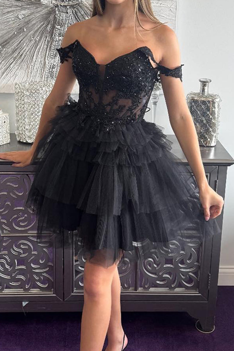 Load image into Gallery viewer, Black A Line Tulle Tiered Short Corset Homecoming Dress