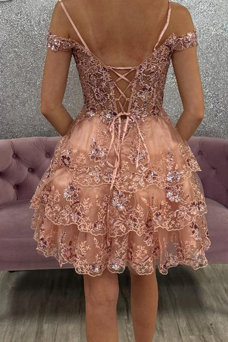 Load image into Gallery viewer, Floral Blush A Line Tiered Short Corset Homecoming Dress