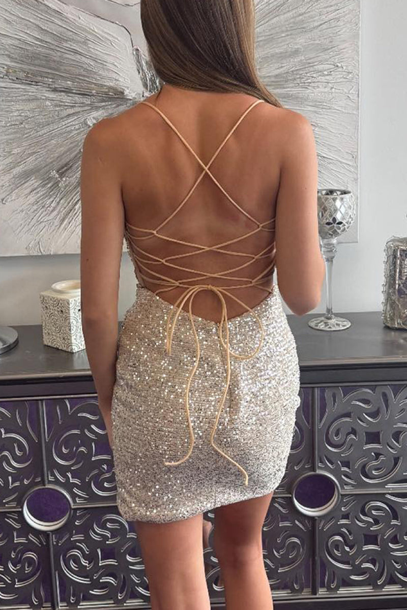Load image into Gallery viewer, Sparkly Gold Tight Sequins Beaded Short Homecoming Dress with Slit