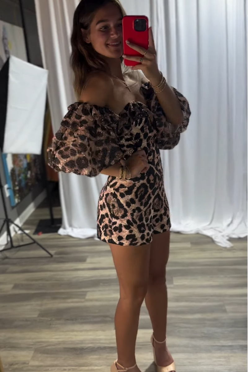 Load image into Gallery viewer, Brown Leopard Bodycon Puff Sleeves Short Homecoming Jumpsuit