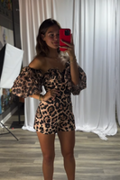 Load image into Gallery viewer, Brown Leopard Bodycon Puff Sleeves Short Homecoming Jumpsuit