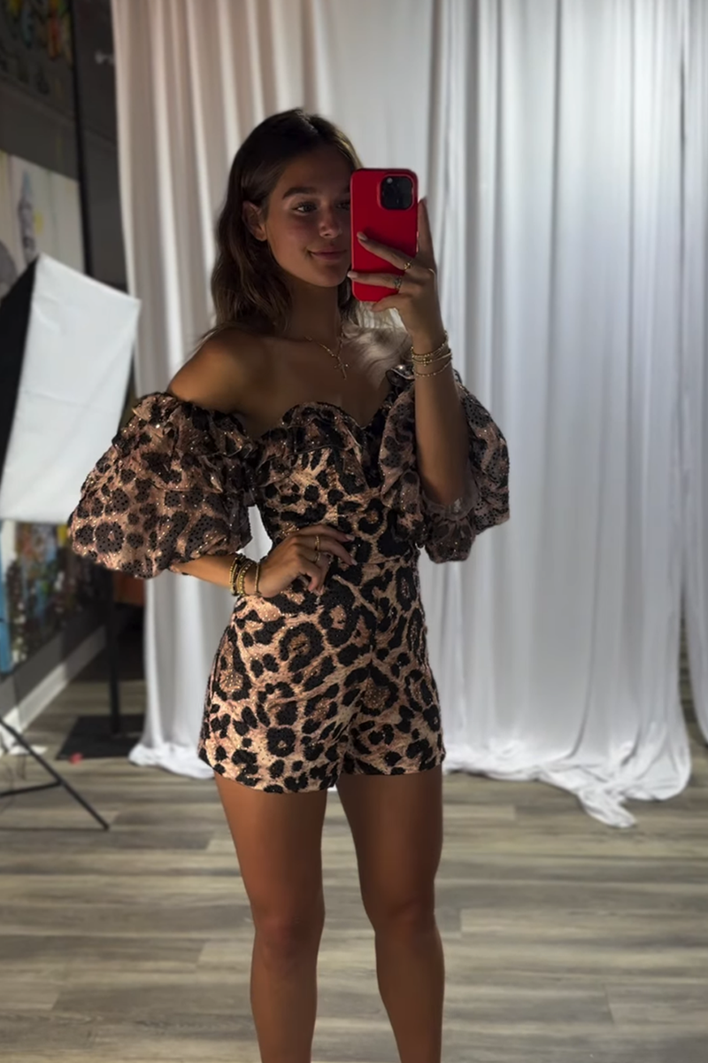 Load image into Gallery viewer, Brown Leopard Bodycon Puff Sleeves Short Homecoming Jumpsuit
