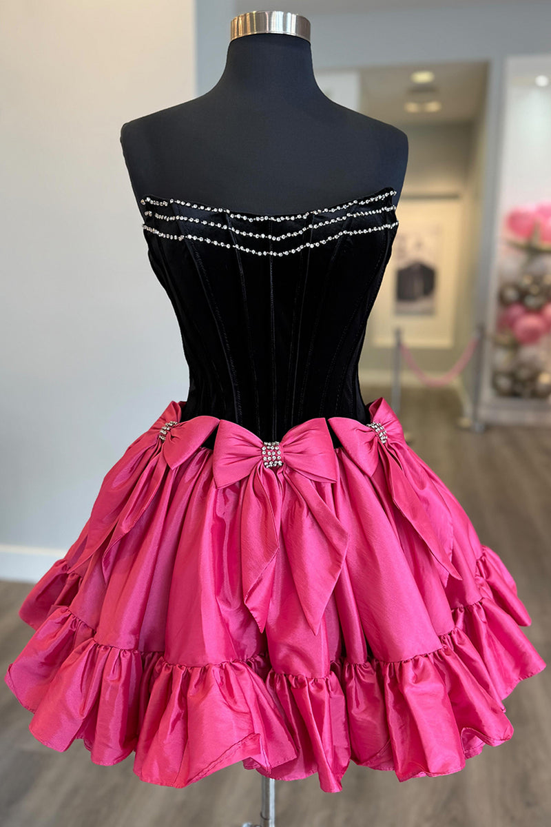 Load image into Gallery viewer, Black and Fuchsia A Line Beaded Short Homecoming Dress with Bows