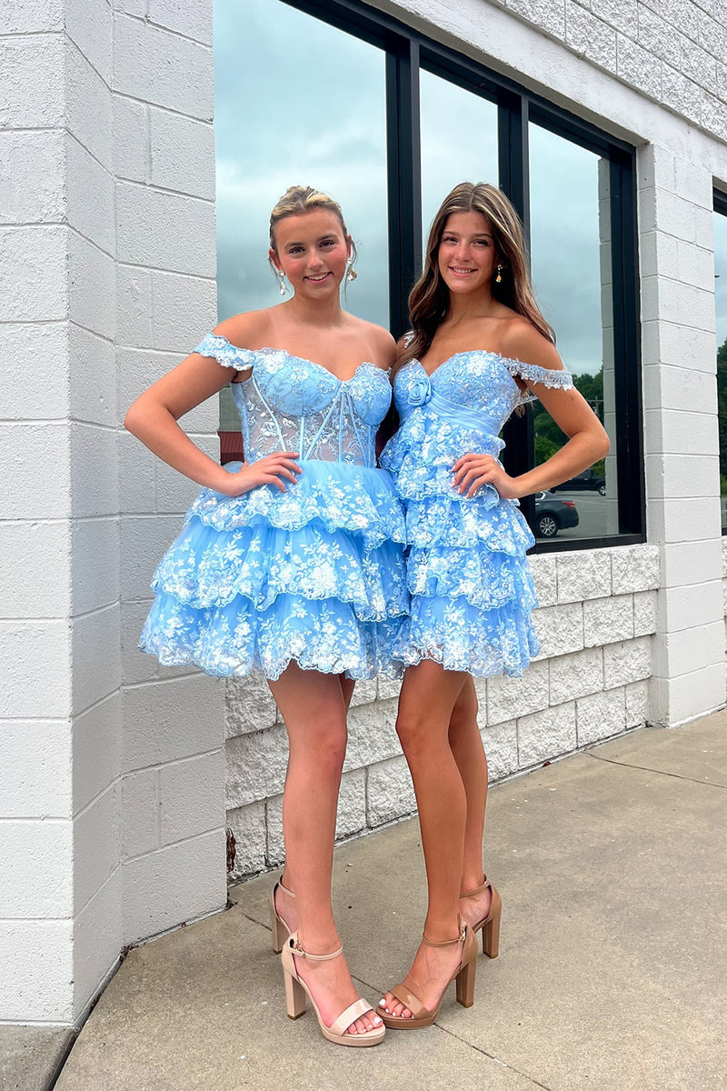 Load image into Gallery viewer, Floral Blue A Line Lace Tiered Short Homecoming Dress