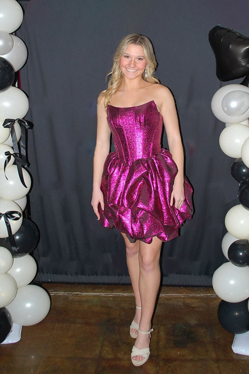 Load image into Gallery viewer, Sparkly Fuchsia A Line Metallic Short Corset Homecoming Dress