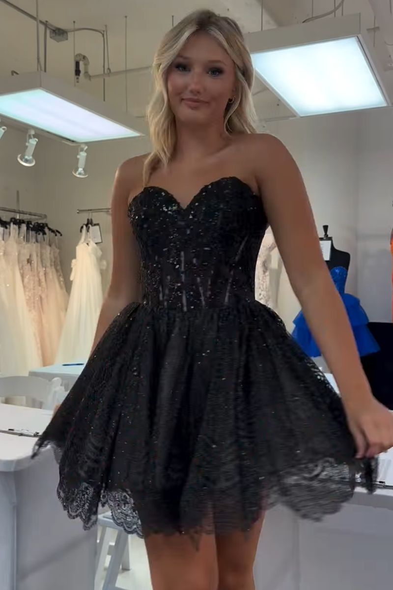 Load image into Gallery viewer, Sparkly Black A Line Sweetheart Short Corset Homecoming Dress