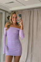 Load image into Gallery viewer, Sparkly Lilac Tight Ruched Short Homecoming Dress with Sleeves