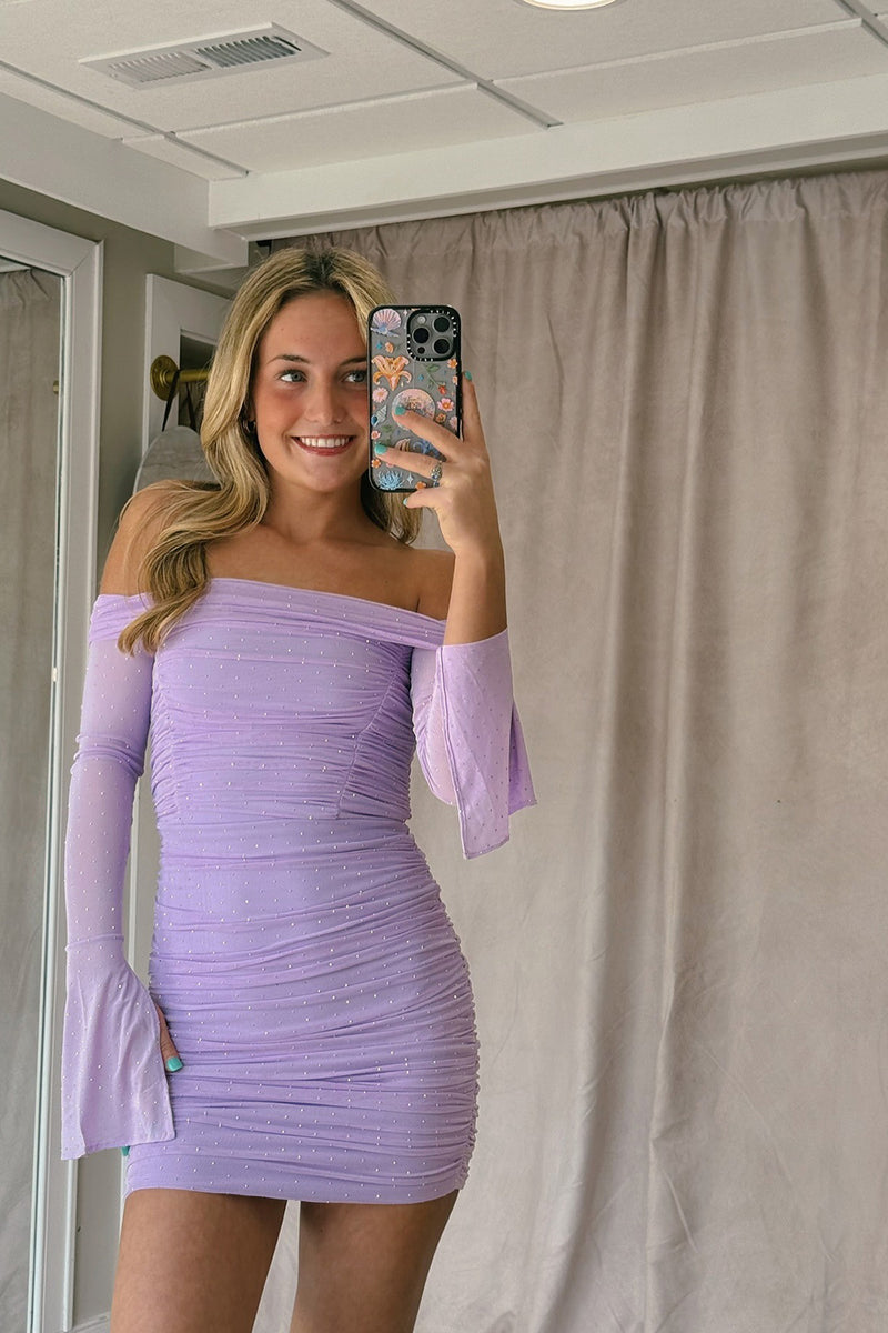 Load image into Gallery viewer, Sparkly Lilac Tight Ruched Short Homecoming Dress with Sleeves