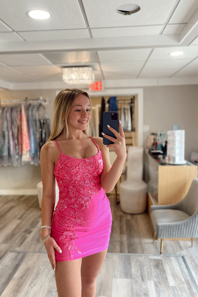 Load image into Gallery viewer, Sparkly Fuchsia Tight Satin Short Homecoming Dress with Appliques