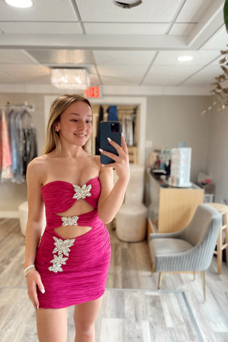 Load image into Gallery viewer, Fuchsia Tight Cut Out Short Homecoming Dress with Rhinestones