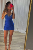 Load image into Gallery viewer, Royal Blue Tight Beaded Short Corset Homecoming Dress