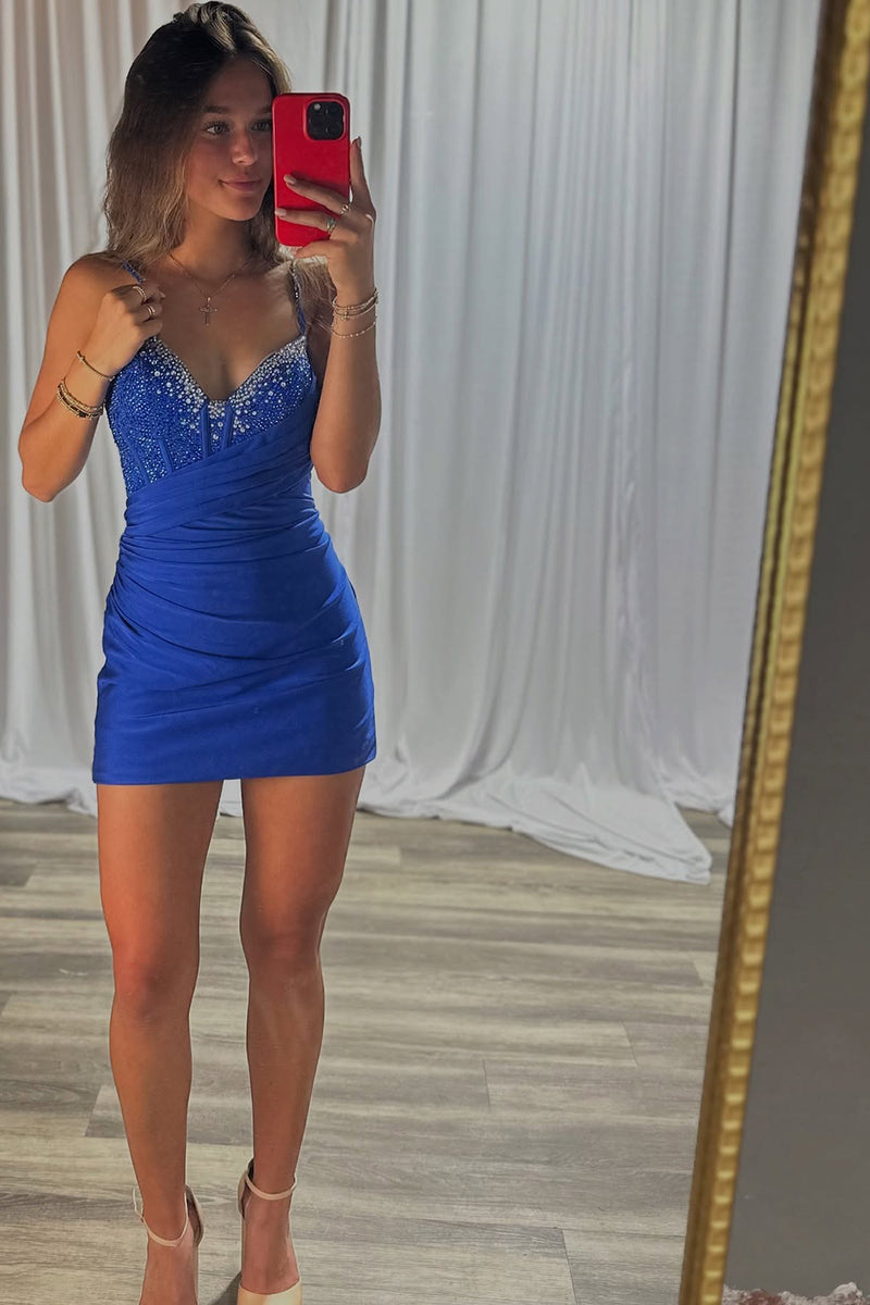 Load image into Gallery viewer, Royal Blue Tight Beaded Short Corset Homecoming Dress