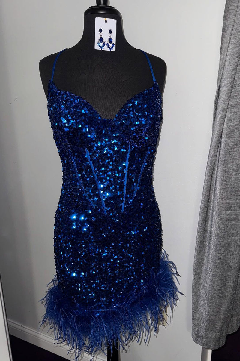 Load image into Gallery viewer, Sparkly Royal Blue Sequins Short Corset Homecoming Dress with Feathers