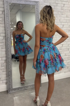 Floral Blue A Line Ruched Strapless Short Homecoming Dress