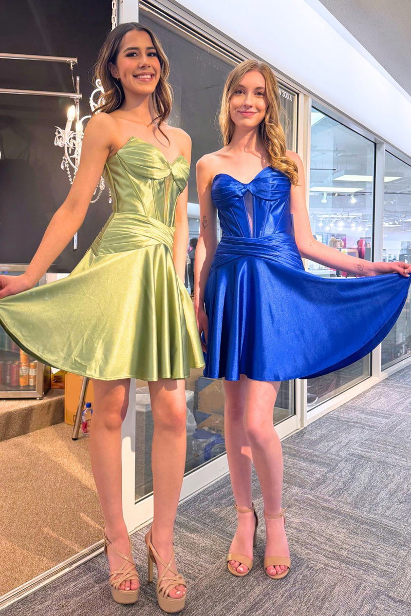 Load image into Gallery viewer, Sage A Line Satin Strapless Short Corset Homecoming Dress with Keyhole