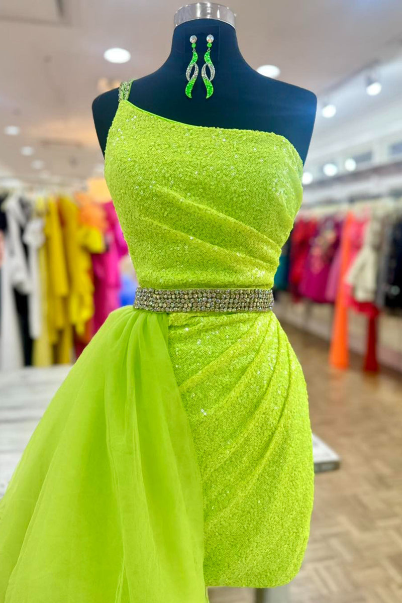 Load image into Gallery viewer, Sparkly Green Bodycon Sequins Ruched Short Homecoming Dress